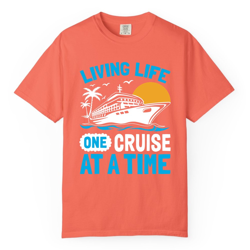 Cruise Life Shirt - Tropical Sunset Cruise Ship Vacation Tee (Comfort Color) in Bright Salmon - Cruise Ship Tropical Sunset Shirt - Retro Palm Caribbean Vacation Tee