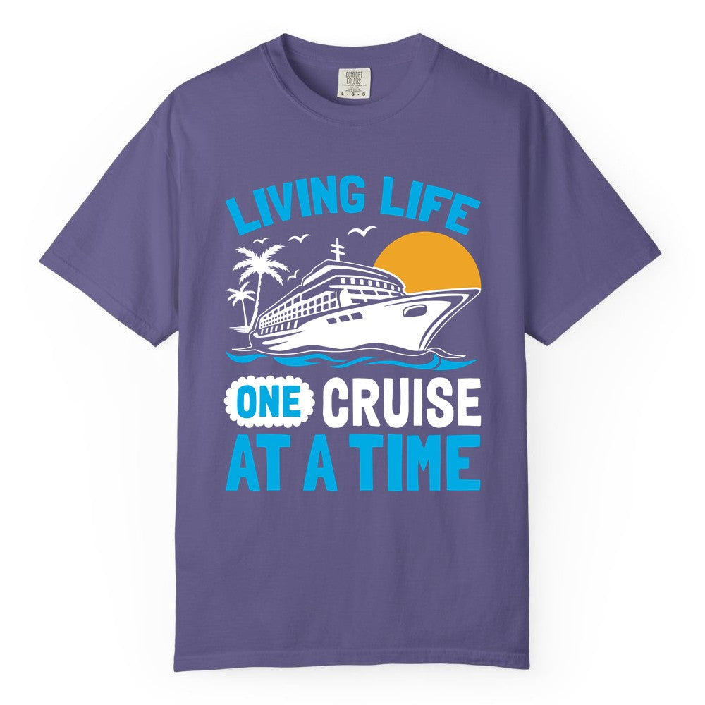Cruise Life Shirt - Tropical Sunset Cruise Ship Vacation Tee (Comfort Color) in Grape - Cruise Ship Tropical Sunset Shirt - Retro Palm Caribbean Vacation Tee