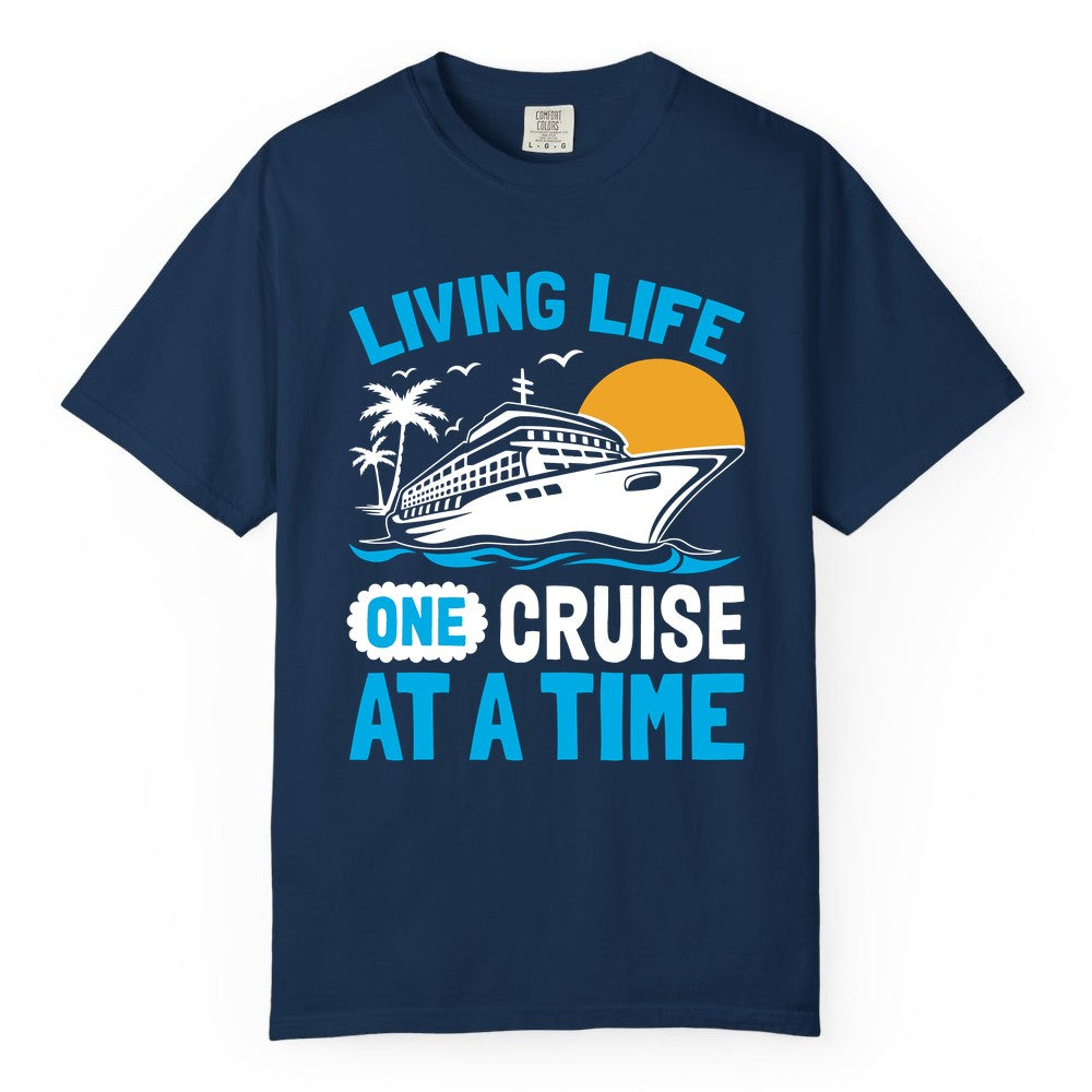 Cruise Life Shirt - Tropical Sunset Cruise Ship Vacation Tee (Comfort Color) in Navy - Cruise Ship Tropical Sunset Shirt - Retro Palm Caribbean Vacation Tee