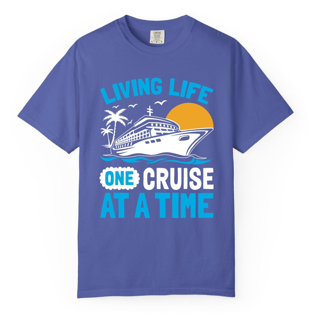 Cruise Life Shirt - Tropical Sunset Cruise Ship Vacation Tee (Comfort Color) in Periwinkle - Cruise Ship Tropical Sunset Shirt - Retro Palm Caribbean Vacation Tee