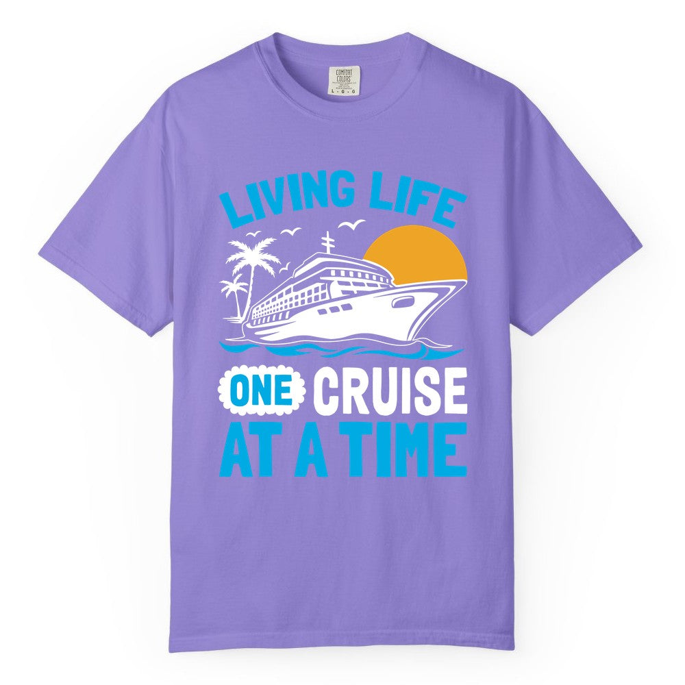 Cruise Life Shirt - Tropical Sunset Cruise Ship Vacation Tee (Comfort Color) in Violet - Cruise Ship Tropical Sunset Shirt - Retro Palm Caribbean Vacation Tee
