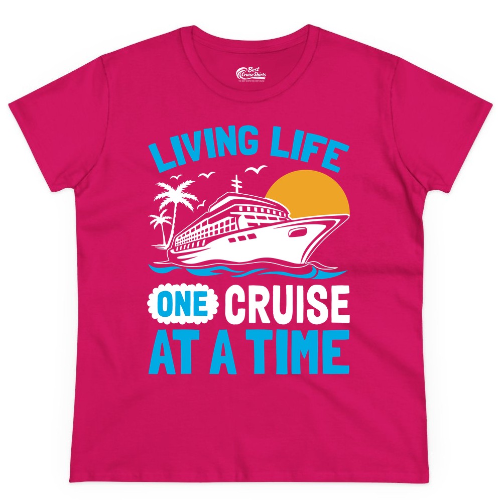 Cruise Life Shirt - Tropical Sunset Cruise Ship Vacation Tee (Ladies Tee) in Heliconia - Cruise Ship Tropical Sunset Shirt - Retro Palm Caribbean Vacation Tee