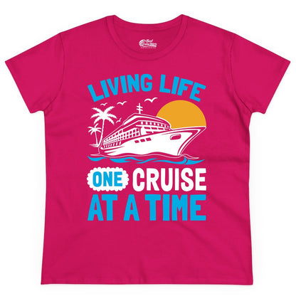 Cruise Life Shirt - Tropical Sunset Cruise Ship Vacation Tee (Ladies Tee) in Heliconia - Cruise Ship Tropical Sunset Shirt - Retro Palm Caribbean Vacation Tee