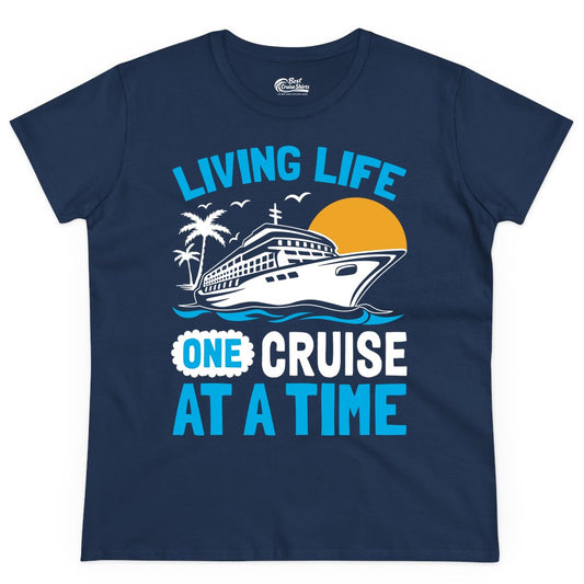 Cruise Life Shirt - Tropical Sunset Cruise Ship Vacation Tee (Ladies Tee) in Navy - Cruise Ship Tropical Sunset Shirt - Retro Palm Caribbean Vacation Tee
