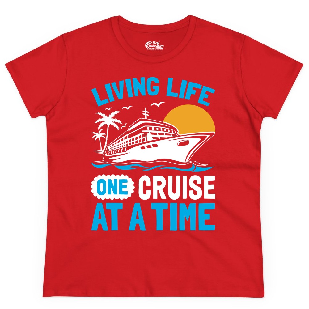 Cruise Life Shirt - Tropical Sunset Cruise Ship Vacation Tee (Ladies Tee) in Red - Cruise Ship Tropical Sunset Shirt - Retro Palm Caribbean Vacation Tee
