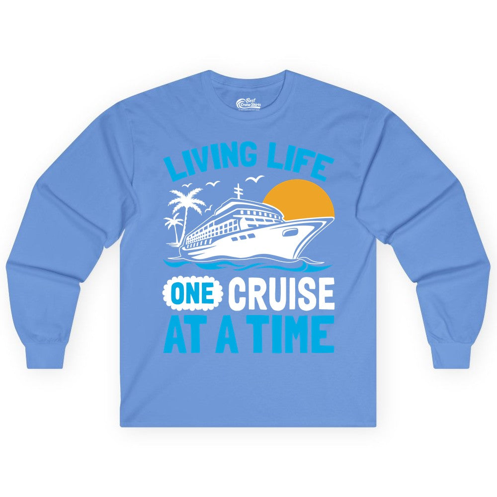 Cruise Life Shirt - Tropical Sunset Cruise Ship Vacation Tee (Long Sleeve) in Carolina Blue - Cruise Ship Tropical Sunset Shirt - Retro Palm Caribbean Vacation Tee