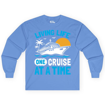 Cruise Life Shirt - Tropical Sunset Cruise Ship Vacation Tee (Long Sleeve) in Carolina Blue - Cruise Ship Tropical Sunset Shirt - Retro Palm Caribbean Vacation Tee