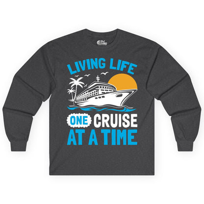 Cruise Life Shirt - Tropical Sunset Cruise Ship Vacation Tee (Long Sleeve) in Dark Heather - Cruise Ship Tropical Sunset Shirt - Retro Palm Caribbean Vacation Tee