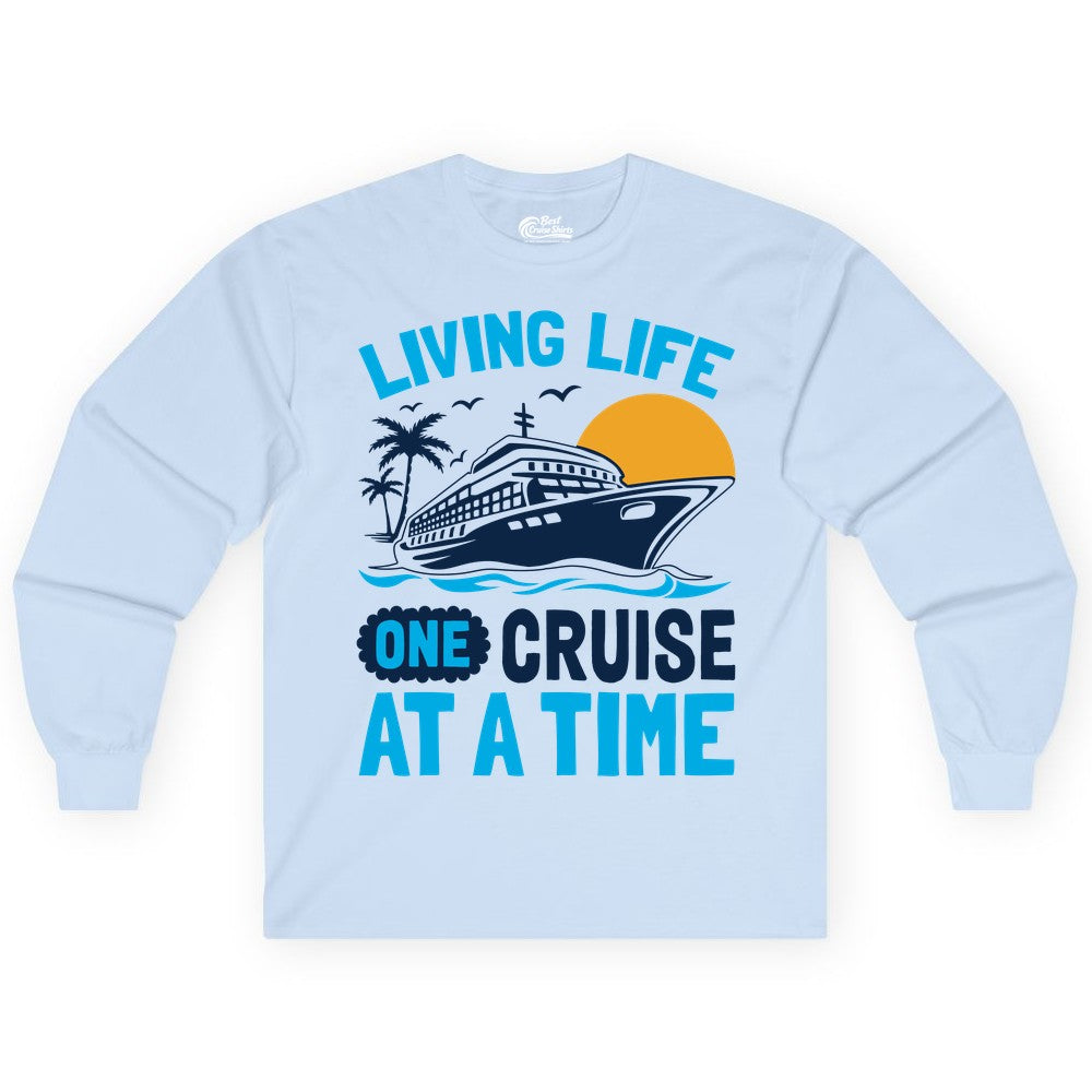 Cruise Life Shirt - Tropical Sunset Cruise Ship Vacation Tee (Long Sleeve) in Light Blue - Cruise Ship Tropical Sunset Shirt - Retro Palm Caribbean Vacation Tee