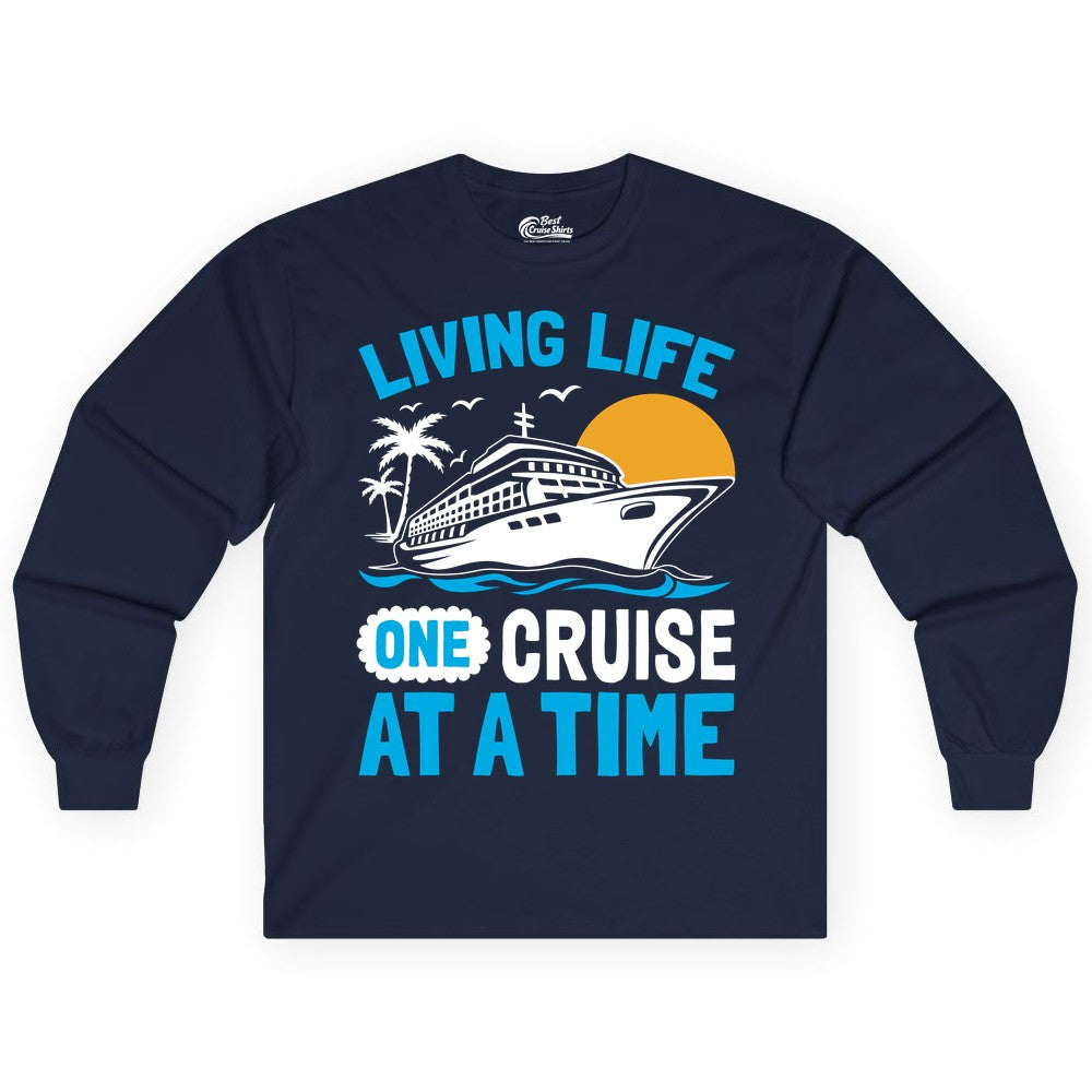 Cruise Life Shirt - Tropical Sunset Cruise Ship Vacation Tee (Long Sleeve) in Navy - Cruise Ship Tropical Sunset Shirt - Retro Palm Caribbean Vacation Tee