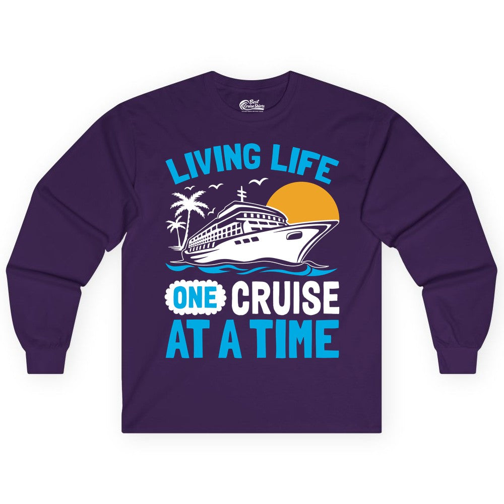 Cruise Life Shirt - Tropical Sunset Cruise Ship Vacation Tee (Long Sleeve) in Purple - Cruise Ship Tropical Sunset Shirt - Retro Palm Caribbean Vacation Tee