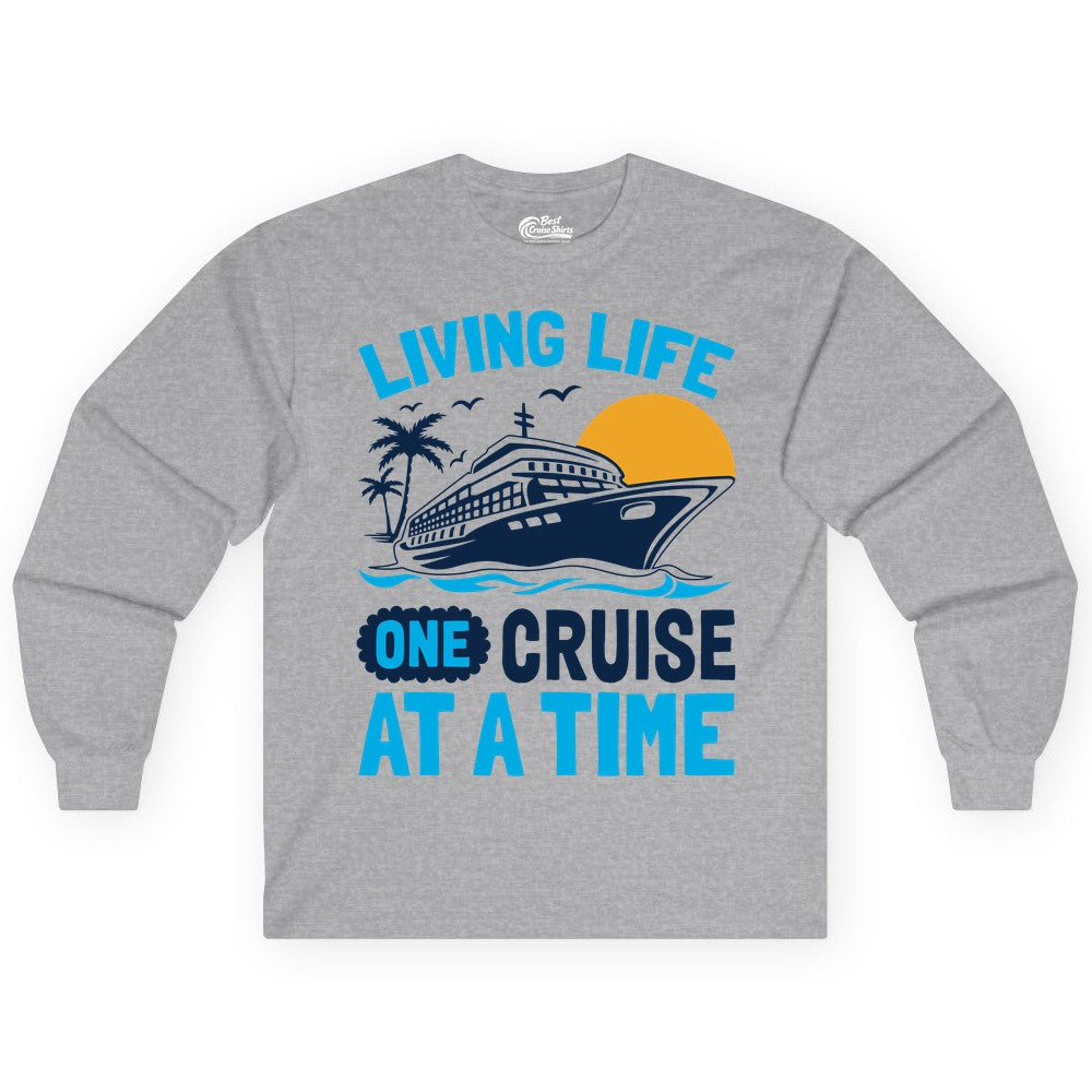 Cruise Life Shirt - Tropical Sunset Cruise Ship Vacation Tee (Long Sleeve) in Sport Grey - Cruise Ship Tropical Sunset Shirt - Retro Palm Caribbean Vacation Tee