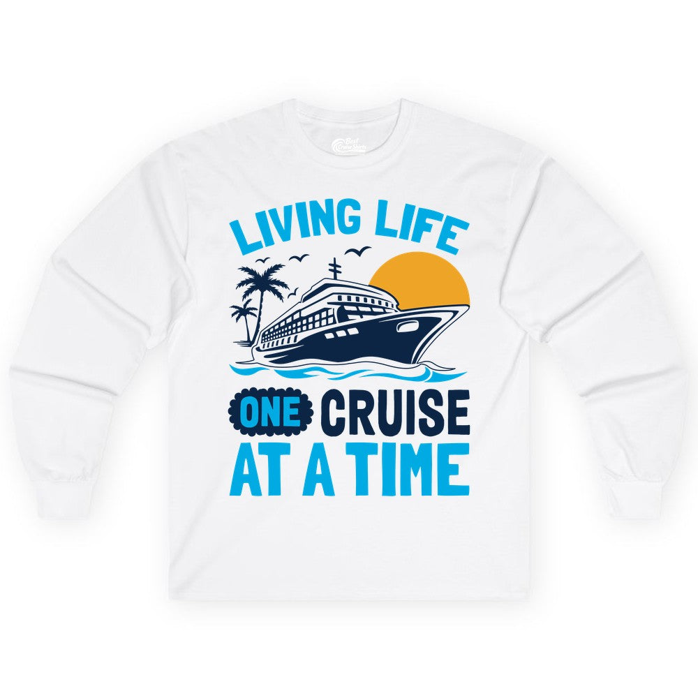 Cruise Life Shirt - Tropical Sunset Cruise Ship Vacation Tee (Long Sleeve) in White - Cruise Ship Tropical Sunset Shirt - Retro Palm Caribbean Vacation Tee