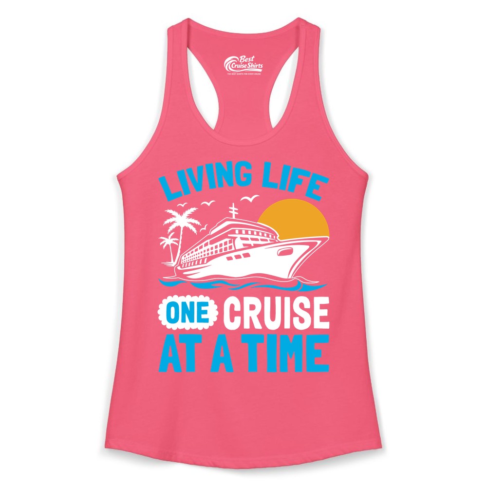 Cruise Life Shirt - Tropical Sunset Cruise Ship Vacation Tee (Ladies Tank) in Hot Pink - Cruise Ship Tropical Sunset Shirt - Retro Palm Caribbean Vacation Tee