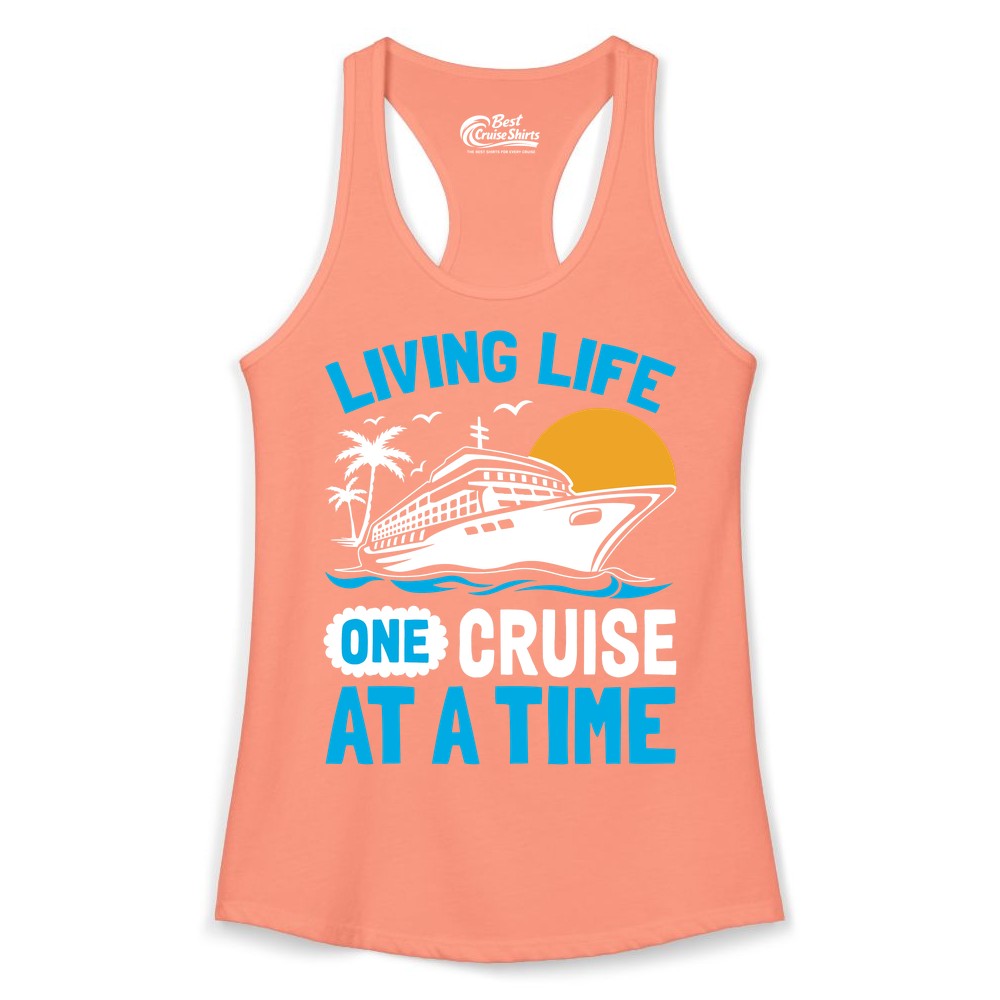Cruise Life Shirt - Tropical Sunset Cruise Ship Vacation Tee (Ladies Tank) in Solid Light Orange - Cruise Ship Tropical Sunset Shirt - Retro Palm Caribbean Vacation Tee
