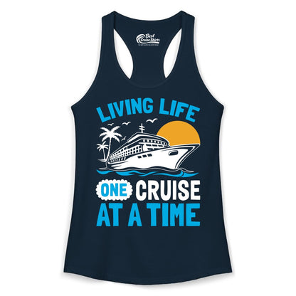 Cruise Life Shirt - Tropical Sunset Cruise Ship Vacation Tee (Ladies Tank) in Solid Midnight Navy - Cruise Ship Tropical Sunset Shirt - Retro Palm Caribbean Vacation Tee