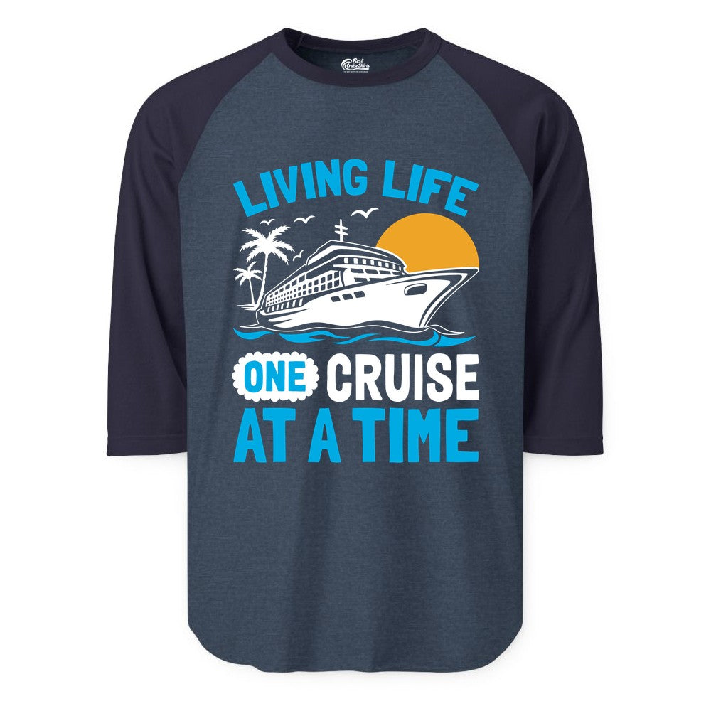 Cruise Life Shirt - Tropical Sunset Cruise Ship Vacation Tee (Raglan) in Heather DenimNavy - Cruise Ship Tropical Sunset Shirt - Retro Palm Caribbean Vacation Tee