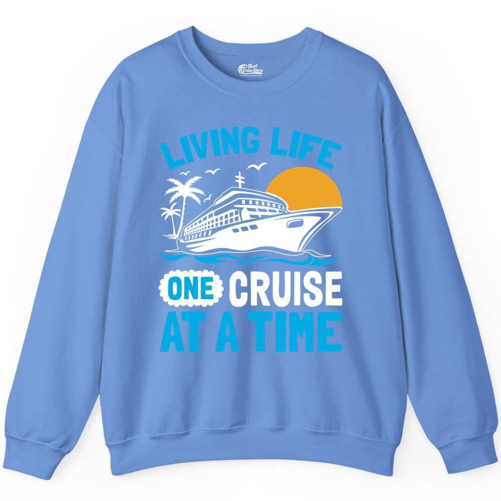 Cruise Life Shirt - Tropical Sunset Cruise Ship Vacation Tee (Sweatshirt) in Carolina Blue - Cruise Ship Tropical Sunset Shirt - Retro Palm Caribbean Vacation Tee