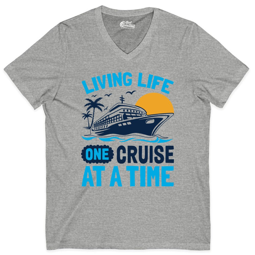 Cruise Life Shirt - Tropical Sunset Cruise Ship Vacation Tee (V-Neck) in Athletic Heather - Cruise Ship Tropical Sunset Shirt - Retro Palm Caribbean Vacation Tee