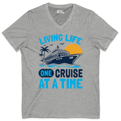 Cruise Life Shirt - Tropical Sunset Cruise Ship Vacation Tee (V-Neck) in Athletic Heather - Cruise Ship Tropical Sunset Shirt - Retro Palm Caribbean Vacation Tee