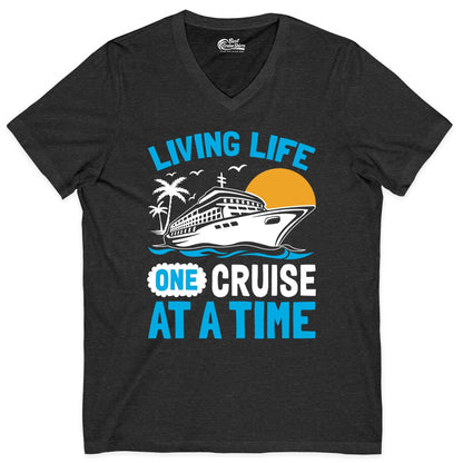 Cruise Life Shirt - Tropical Sunset Cruise Ship Vacation Tee (V-Neck) in Dark Grey Heather - Cruise Ship Tropical Sunset Shirt - Retro Palm Caribbean Vacation Tee