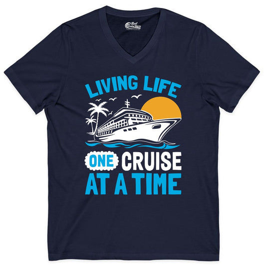 Cruise Life Shirt - Tropical Sunset Cruise Ship Vacation Tee (V-Neck) in Navy - Cruise Ship Tropical Sunset Shirt - Retro Palm Caribbean Vacation Tee