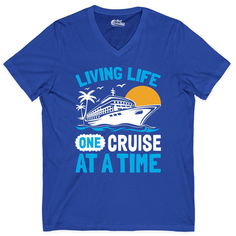 Cruise Life Shirt - Tropical Sunset Cruise Ship Vacation Tee (V-Neck) in True Royal - Cruise Ship Tropical Sunset Shirt - Retro Palm Caribbean Vacation Tee
