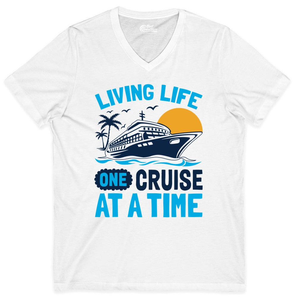 Cruise Life Shirt - Tropical Sunset Cruise Ship Vacation Tee (V-Neck) in White - Cruise Ship Tropical Sunset Shirt - Retro Palm Caribbean Vacation Tee