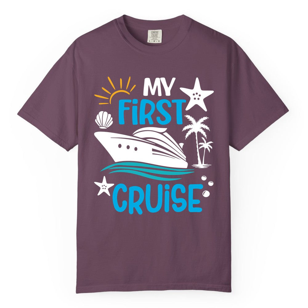 My First Cruise Shirt - Tropical Cruise Vacation Apparel for Families (Comfort Color) in Berry - My First Cruise Shirt - Tropical Family Adventure with Playful Icons