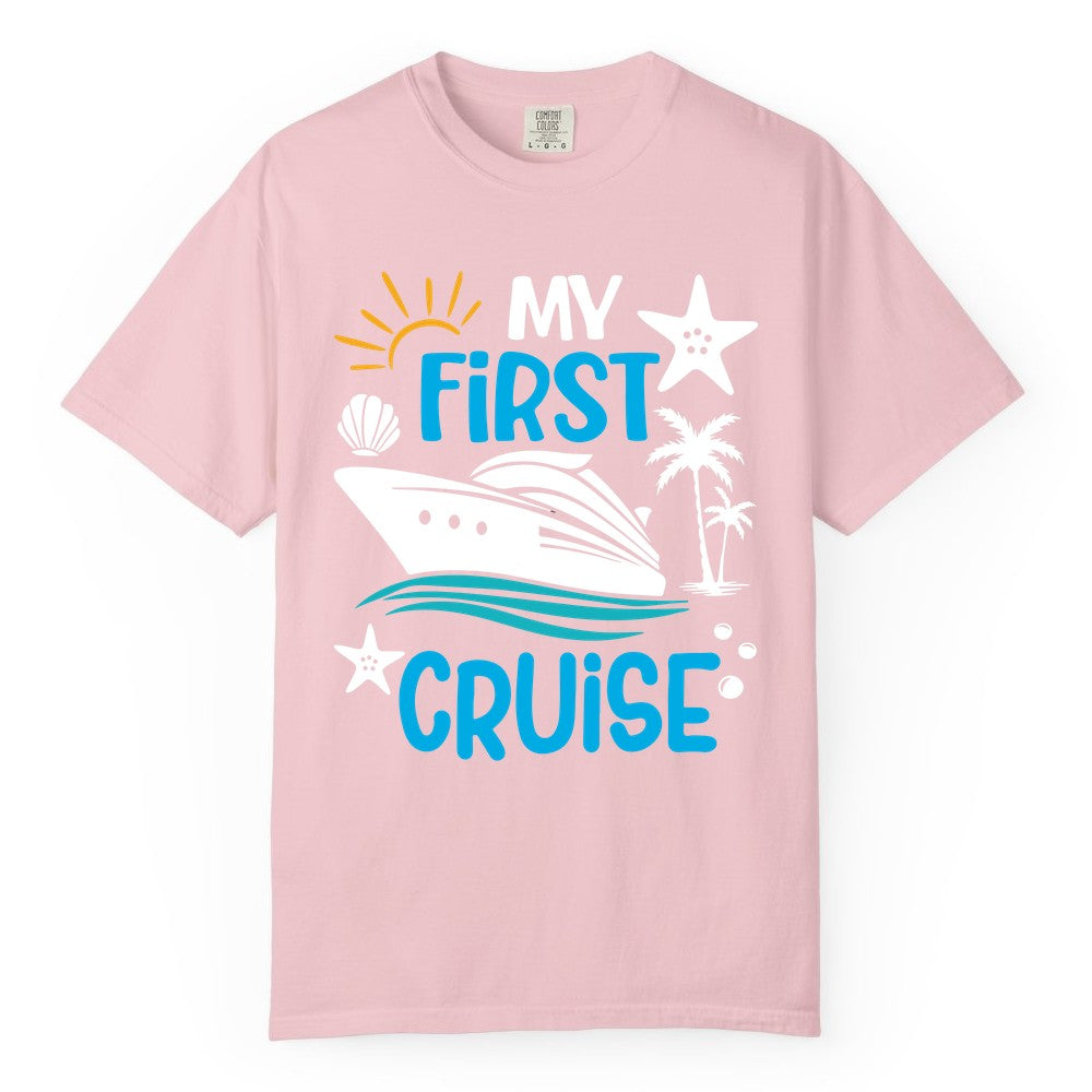 My First Cruise Shirt - Tropical Cruise Vacation Apparel for Families (Comfort Color) in Blossom - My First Cruise Shirt - Tropical Family Adventure with Playful Icons