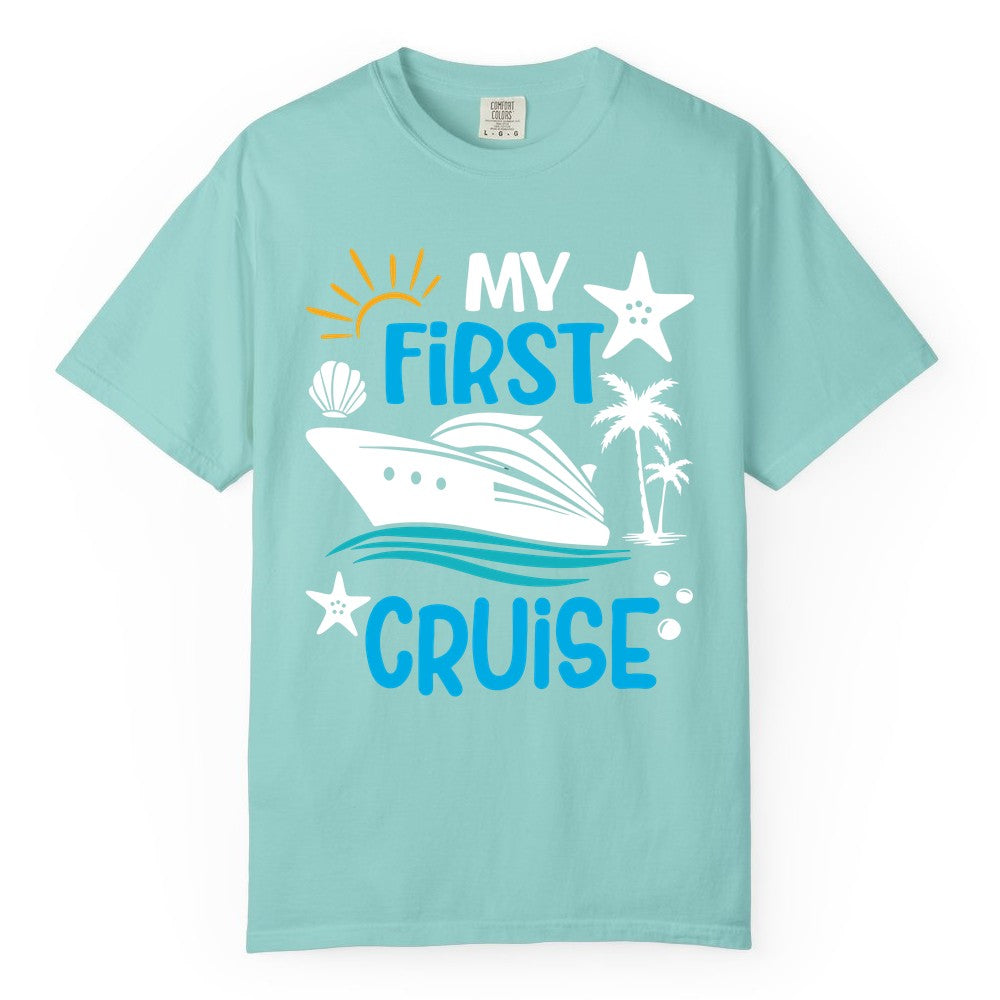 My First Cruise Shirt - Tropical Cruise Vacation Apparel for Families (Comfort Color) in Chalky Mint - My First Cruise Shirt - Tropical Family Adventure with Playful Icons
