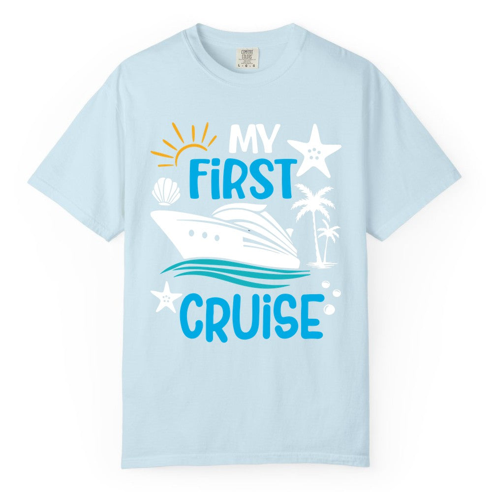My First Cruise Shirt - Tropical Cruise Vacation Apparel for Families (Comfort Color) in Chambray - My First Cruise Shirt - Tropical Family Adventure with Playful Icons