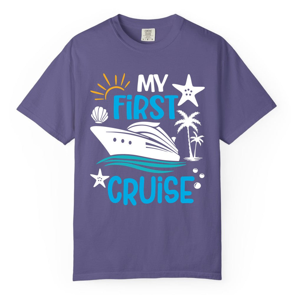 My First Cruise Shirt - Tropical Cruise Vacation Apparel for Families (Comfort Color) in Grape - My First Cruise Shirt - Tropical Family Adventure with Playful Icons