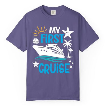 My First Cruise Shirt - Tropical Cruise Vacation Apparel for Families (Comfort Color) in Grape - My First Cruise Shirt - Tropical Family Adventure with Playful Icons