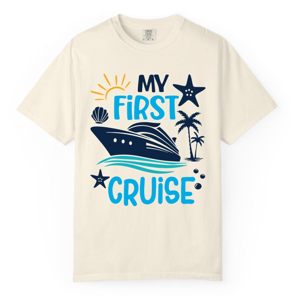 My First Cruise Shirt - Tropical Cruise Vacation Apparel for Families (Comfort Color) in Ivory - My First Cruise Shirt - Tropical Family Adventure with Playful Icons