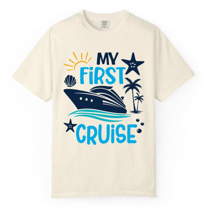 My First Cruise Shirt - Tropical Cruise Vacation Apparel for Families (Comfort Color) in Ivory - My First Cruise Shirt - Tropical Family Adventure with Playful Icons
