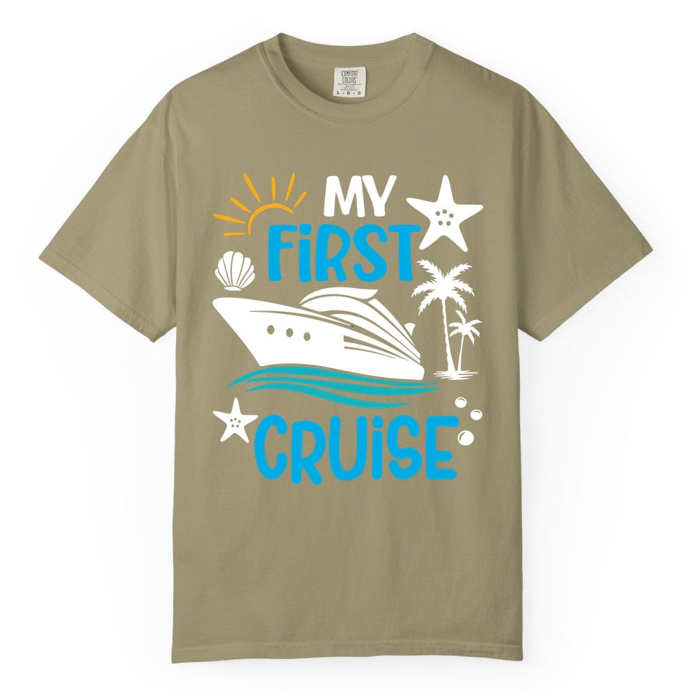 My First Cruise Shirt - Tropical Cruise Vacation Apparel for Families (Comfort Color) in Khaki - My First Cruise Shirt - Tropical Family Adventure with Playful Icons