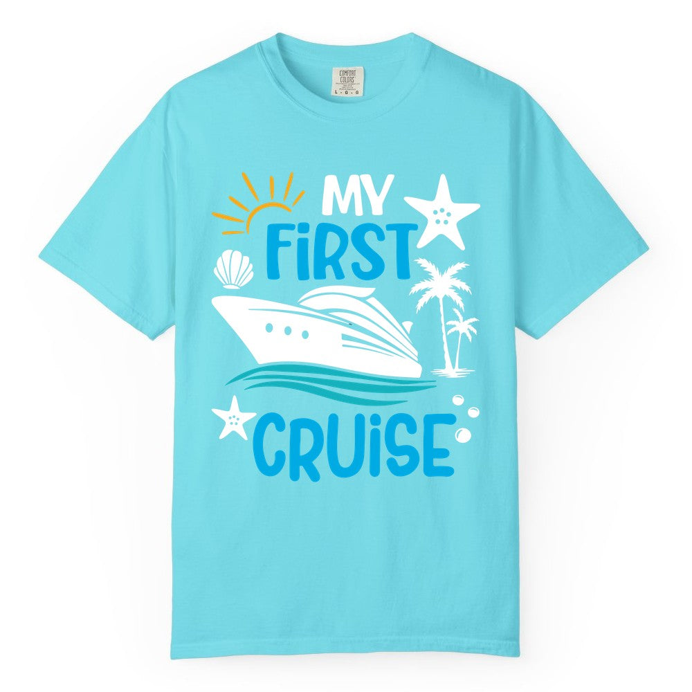My First Cruise Shirt - Tropical Cruise Vacation Apparel for Families (Comfort Color) in Lagoon Blue - My First Cruise Shirt - Tropical Family Adventure with Playful Icons