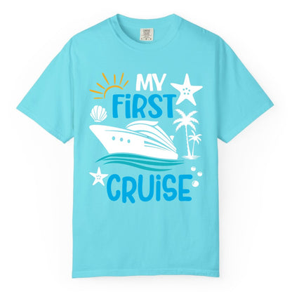 My First Cruise Shirt - Tropical Cruise Vacation Apparel for Families (Comfort Color) in Lagoon Blue - My First Cruise Shirt - Tropical Family Adventure with Playful Icons
