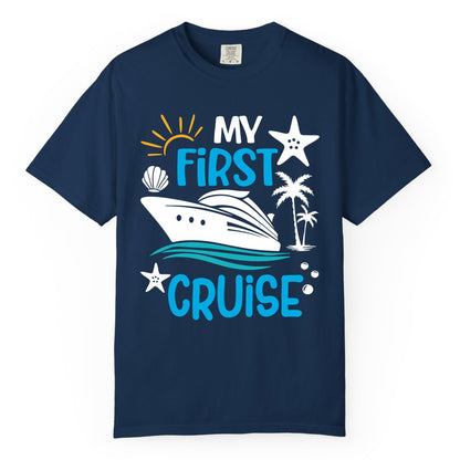My First Cruise Shirt - Tropical Cruise Vacation Apparel for Families (Comfort Color) in Navy - My First Cruise Shirt - Tropical Family Adventure with Playful Icons