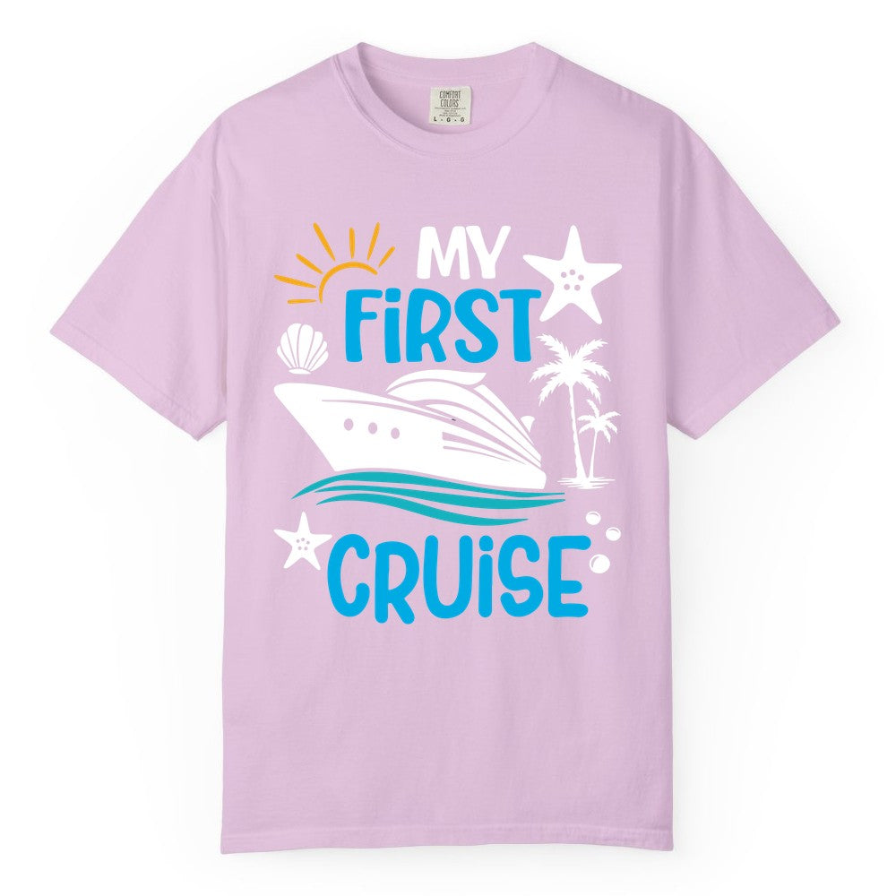 My First Cruise Shirt - Tropical Cruise Vacation Apparel for Families (Comfort Color) in Orchid - My First Cruise Shirt - Tropical Family Adventure with Playful Icons