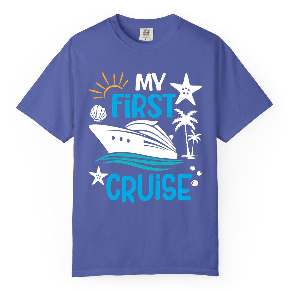 My First Cruise Shirt - Tropical Cruise Vacation Apparel for Families (Comfort Color) in Periwinkle - My First Cruise Shirt - Tropical Family Adventure with Playful Icons