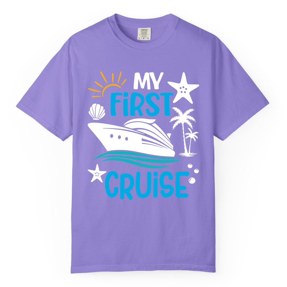 My First Cruise Shirt - Tropical Cruise Vacation Apparel for Families (Comfort Color) in Violet - My First Cruise Shirt - Tropical Family Adventure with Playful Icons