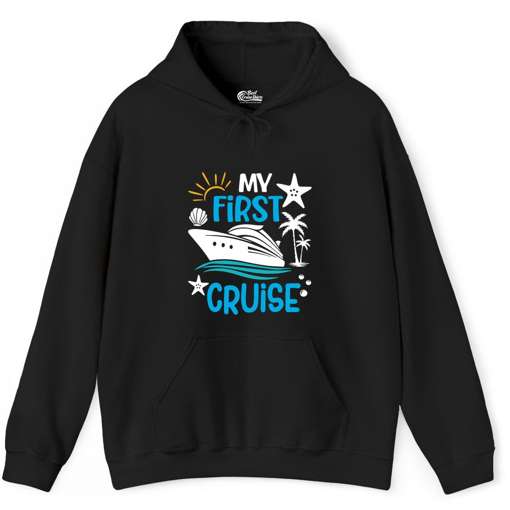 My First Cruise Shirt - Tropical Cruise Vacation Apparel for Families (Hoodie) in Black - My First Cruise Shirt - Tropical Family Adventure with Playful Icons