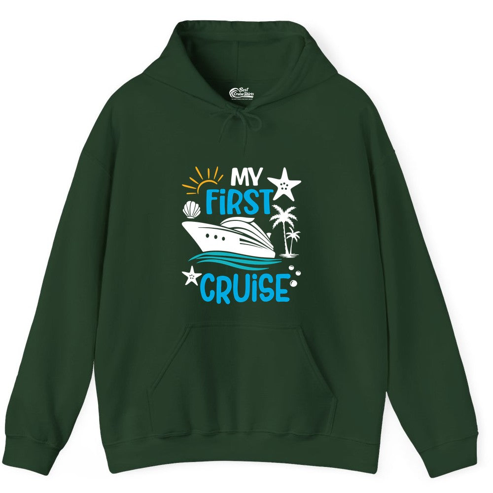 My First Cruise Shirt - Tropical Cruise Vacation Apparel for Families (Hoodie) in Forest Green - My First Cruise Shirt - Tropical Family Adventure with Playful Icons