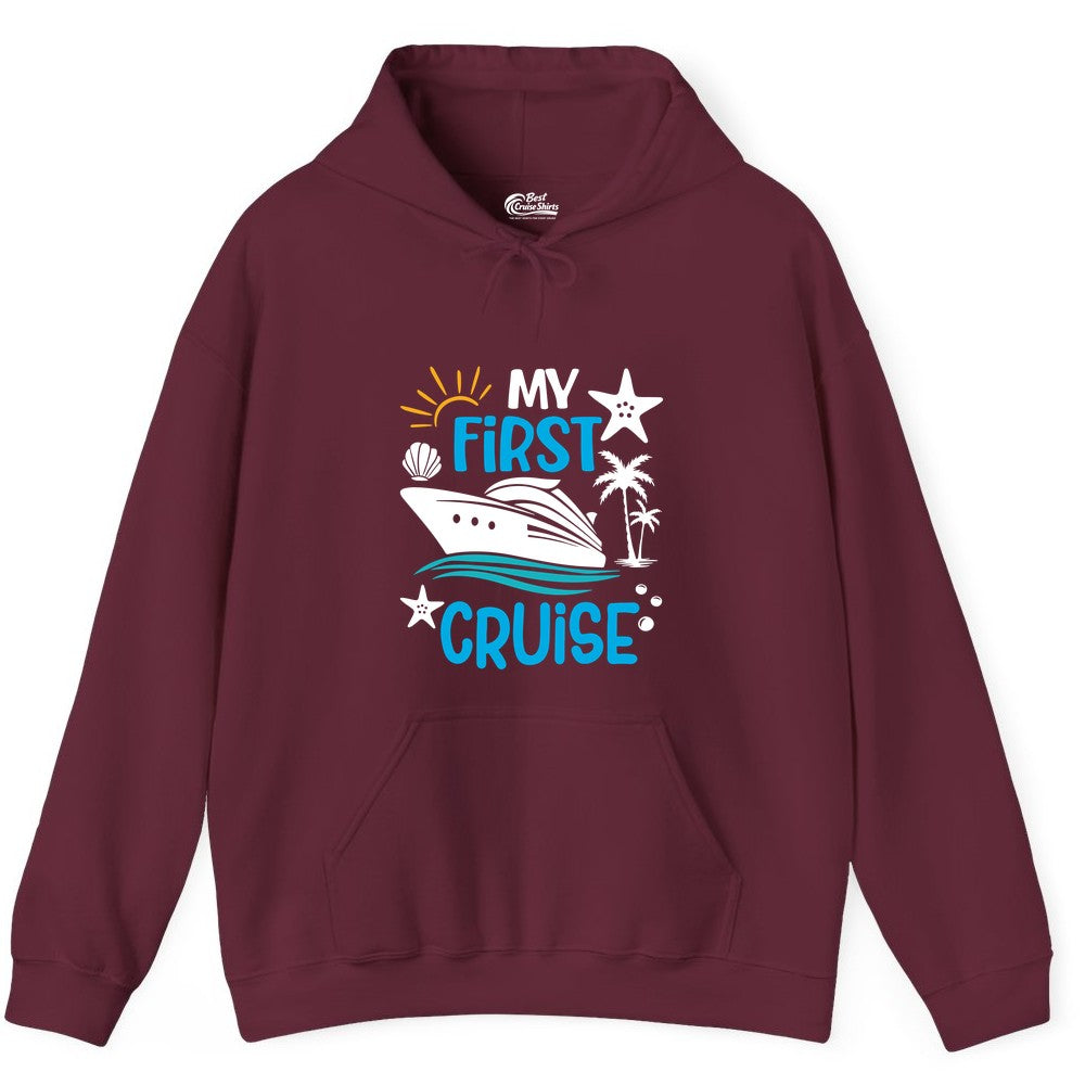 My First Cruise Shirt - Tropical Cruise Vacation Apparel for Families (Hoodie) in Maroon - My First Cruise Shirt - Tropical Family Adventure with Playful Icons