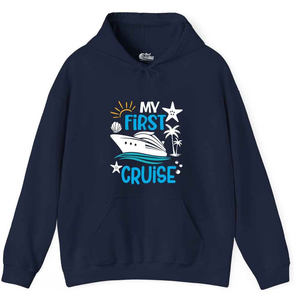 My First Cruise Shirt - Tropical Cruise Vacation Apparel for Families (Hoodie) in Navy - My First Cruise Shirt - Tropical Family Adventure with Playful Icons