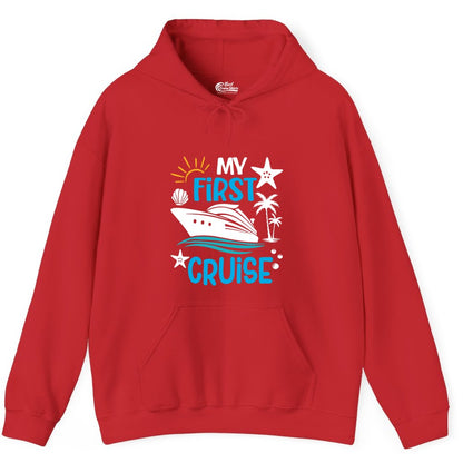 My First Cruise Shirt - Tropical Cruise Vacation Apparel for Families (Hoodie) in Red - My First Cruise Shirt - Tropical Family Adventure with Playful Icons