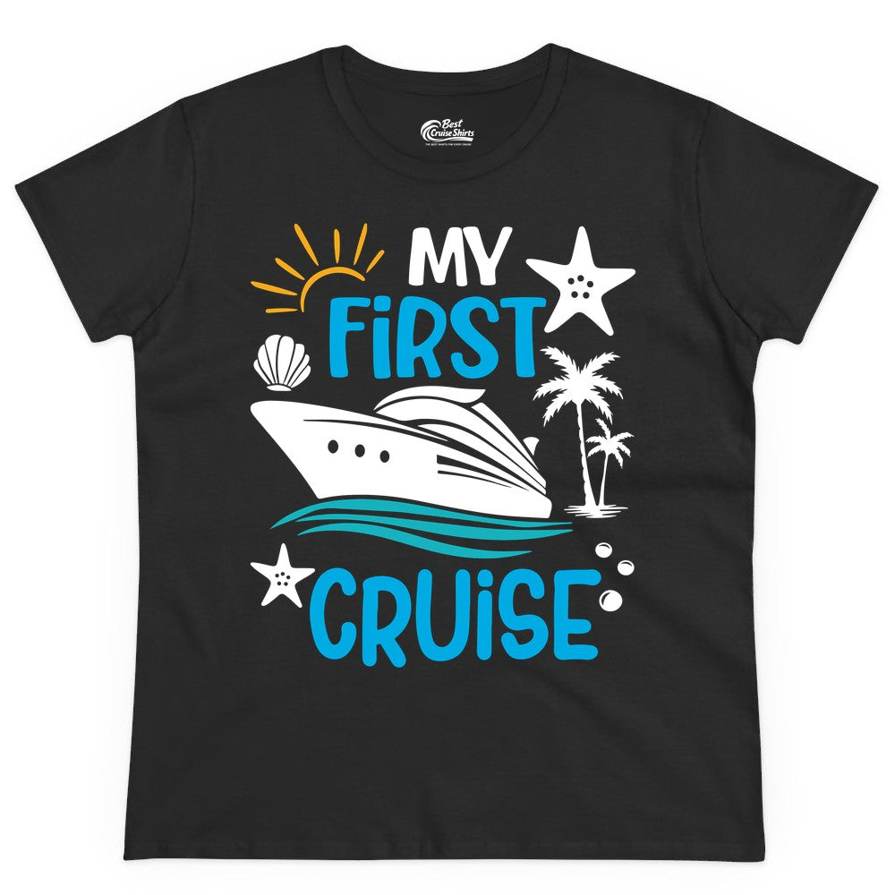 My First Cruise Shirt - Tropical Cruise Vacation Apparel for Families (Ladies Tee) in Black - My First Cruise Shirt - Tropical Family Adventure with Playful Icons