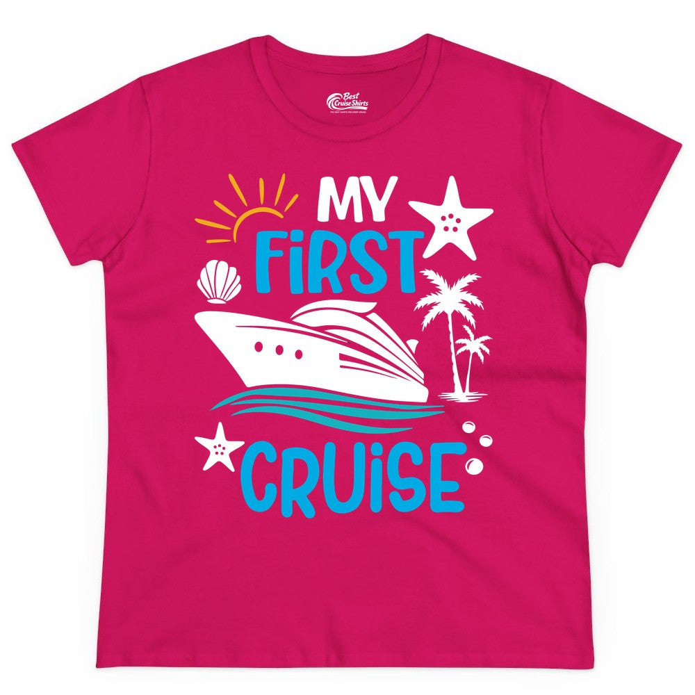 My First Cruise Shirt - Tropical Cruise Vacation Apparel for Families (Ladies Tee) in Heliconia - My First Cruise Shirt - Tropical Family Adventure with Playful Icons